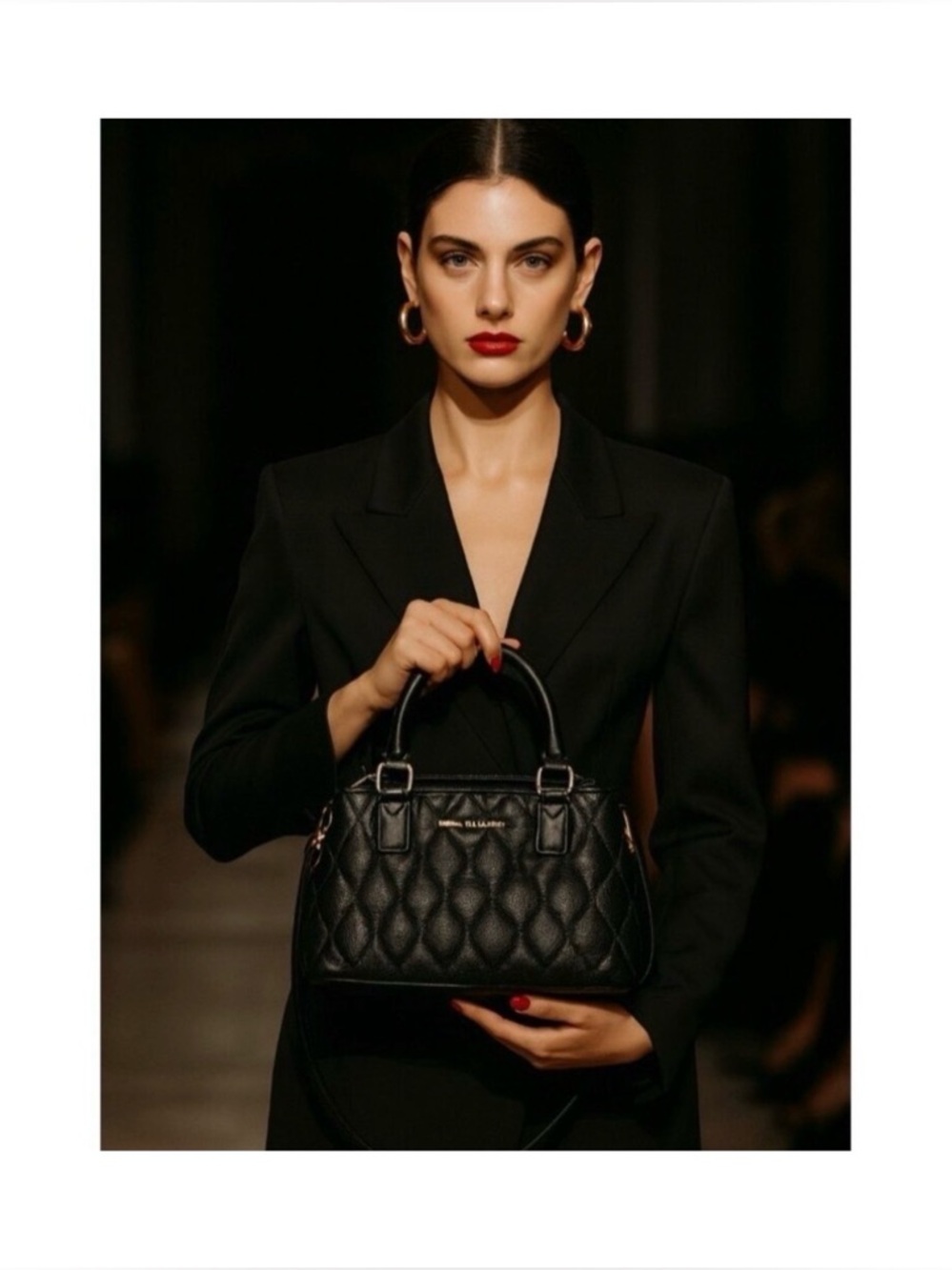 Quilted Leather mini “Emma” Satchel Crossbody Bag - Black - Picture 6 of 7